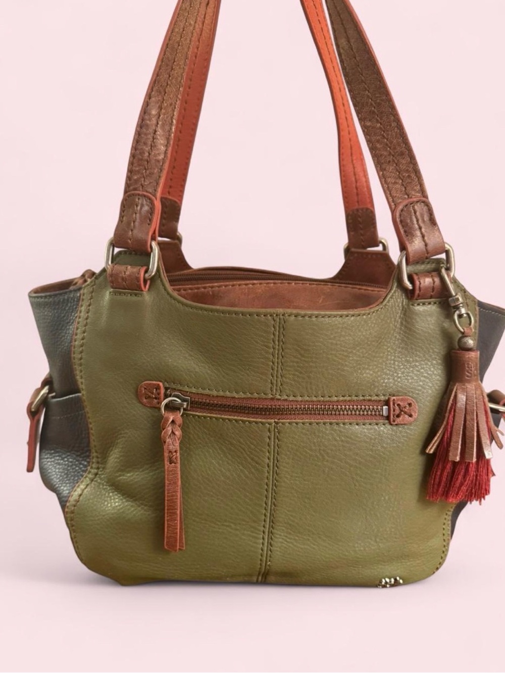 The Sak Colorblock Leather Tote in Green, Deep Navy & Cognac Brown w/Tassel